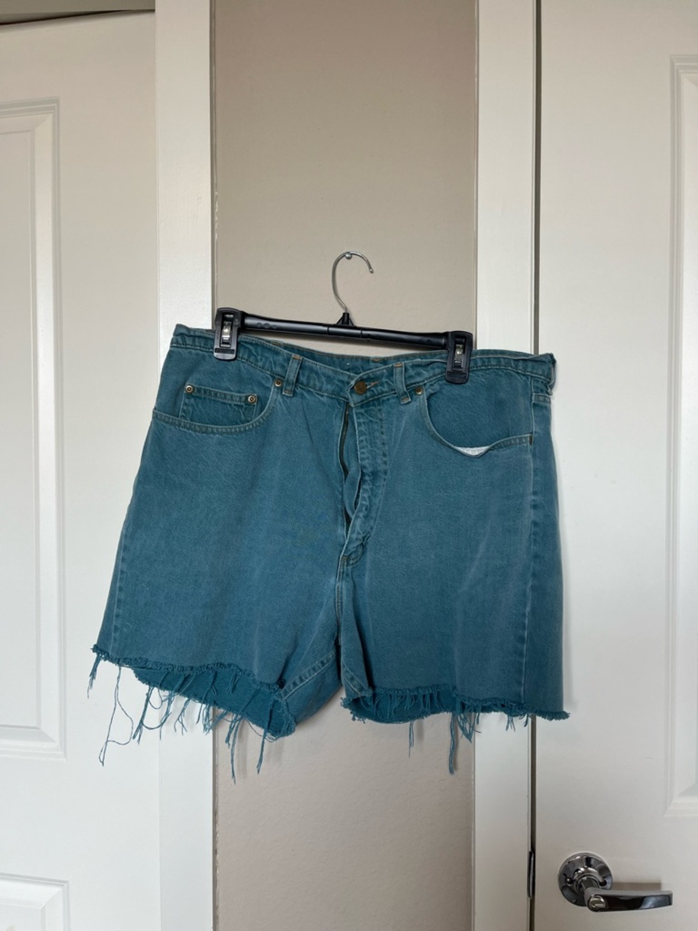 Women’s Teal Frayed Hem Jean Shorts